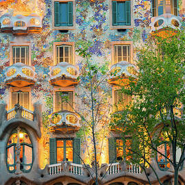 Spain, Catalonia, Barcelona, Casa Batllo Illuminated Up At Dusk, Architect Antoni Gaudi by Jordan Banks