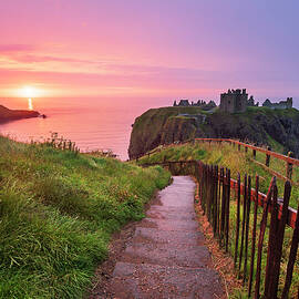 United Kingdom, Scotland, Aberdeenshire, Stonehaven, Dunnottar Castle, Great Britain, British Isles, Colorful Sunrise Over The Ruins Of Dunnottar Castle Along The Scottish Coastline by Luigi Vaccarella