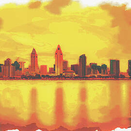 Watercolor Painting Of sunset skyline of San Diego downtown, California by Miroslav Liska