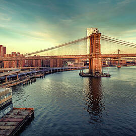 Nyc, Manhattan, View Of East River With Brooklyn Bridge Near South Street And Fdr Drive by Lumiere