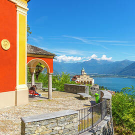 Switzerland, Ticino, Tessin, Lake Maggiore, Alps, Locarno, Madonna Del Sasso Church With View On The Town Of Locarno And Lake Maggiore by Marco Arduino