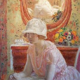 Young Girl Before A Mirror In A Pink Dress by Frederick Carl Frieseke