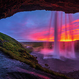 Iceland, South Iceland, Suwurland, Sunset From The Footpath Behind Seljalandsfoss Waterfall by Sebastian Wasek