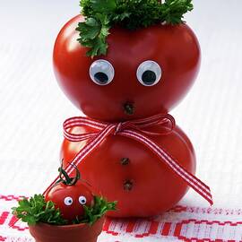 A Tomato Man With A Face And A Tomato Baby In A Flowerpot by Angelica Linnhoff
