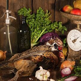 An Autumnal Arrangement Featuring Pheasant, Vegetables, Fruit, Nuts And An Old Pair Of Kitchen Scales by Monika Halmos