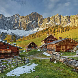 Austria, Styria, Ramsau Am Dachstein, Alps, Dachstein Mountains, Huts On The Neustattalm Near Ramsau Am Dachstein With Torstein, Mitterspit And Hohem Dachstein by Rainer Mirau