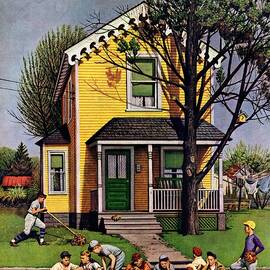 Baseball Player Mowing The Lawn by Stevan Dohanos