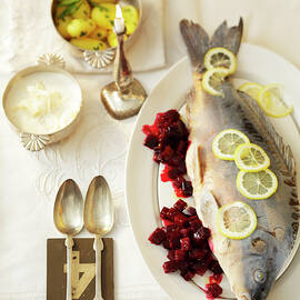 Blue Carp With Horseradish Sauce, Beetroot And Vegetables In Serving Dish by Jalag / Götz Wrage