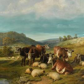 Cattle And Sheep At A Watering Place by Thomas Sidney Cooper