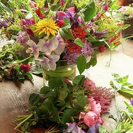 Colourful Summer Flowers In Glass Vase Next To Cut Flowers On Wooden Table by Hsfoto