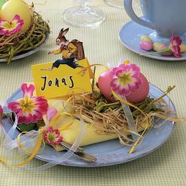 Easter Place-setting With Primulas, Hay, Easter Egg & Place Card by Strauss, Friedrich
