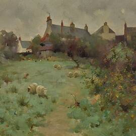 Farmyard With Sheep Grazing by Robert Russell Macnee