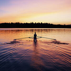 Female Rowing Single Scull, Sunrise by Thomas Barwick
