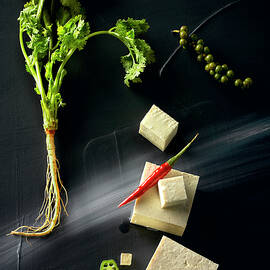 Food Art: Tofu With Coriander, Chilli And Pepper On A Black Surface by Manfred Rave