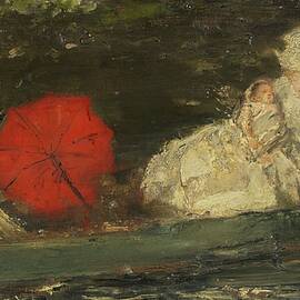 Frau Und Kind Im Freien Mit Rotem Parasol by Albert Von Keller