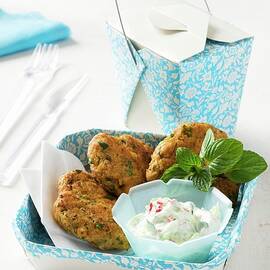 Fritters With Chickpeas And Sausage Served With Cucumber Yoghurt by Gerlach, Hans