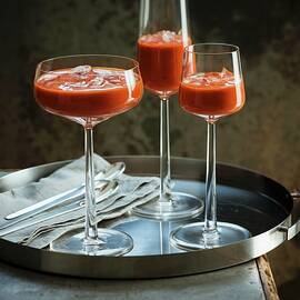 Gazpacho With Ice Served In Stemmed Glasses On A Tray by Andrew Young
