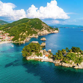 Greece, Epirus, Preveza, Mediterranean Sea, Parga, Aerial Of Panagia Chapel On Panagia Island By Parga In Spring Later Afternoon by Armand Ahmed Tamboly