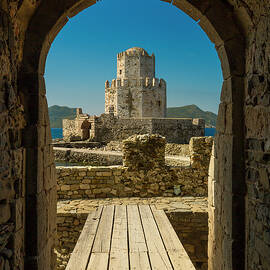 Greece, Peloponnese, Methoni, Mediterranean Sea, Ionian Sea, Navarino Bay, The Bourtzi Tower, View From Methoni Castle, Messinia. by Giorgio Filippini