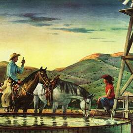 Horses Drinking At Sunset by Peter Hurd