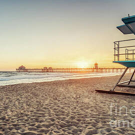 Huntington Beach Lifeguard Tower 3 and Pier Sunset Photo by Paul Velgos