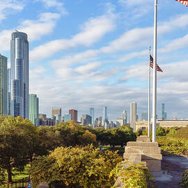 Illinois, Chicago, Skyline And Usa Flags by Claudia Uripos