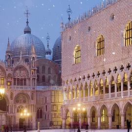 Italy, Veneto, Venezia District, Venetian Lagoon, Adriatic Coast, Venice, St Mark's Square, Doge's Palace, Snow And St Mark's Cathedral In Background by Sandra Raccanello