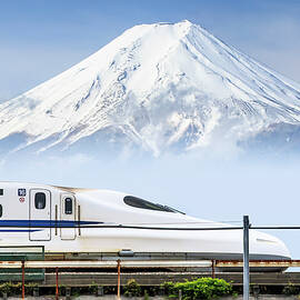 Japan, Chubu, Shinkansen, Bullet Train, And Mount Fuji In The Background by Maurizio Rellini