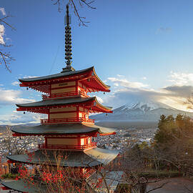 Japan, Chubu, Yamanashi, Mount Fuji And Chureito Pagoda by Ian Trower