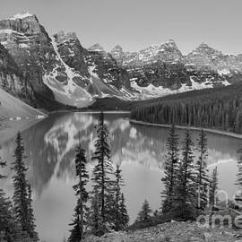 Moraine Lake Spring 2019 Sunrise Black And White by Adam Jewell