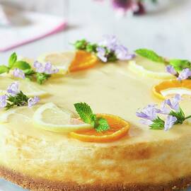 New York Cheesecake With Citrus Fruit Slices And Edible Flowers by Jonathan Short