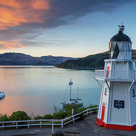 New Zealand, South Island, Canterbury, Oceania, Pacific Ocean, Banks Peninsula, Lighthouse In The Bay Of Akaroa, Banks Peninsula by Roland Gerth