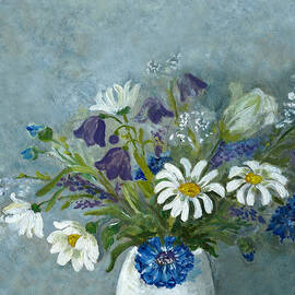 Oil Painted Wild Flowers On Blue by Mitza