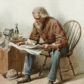 Older Man Sitting On A Chair Reading A Newspaper by Anonymous