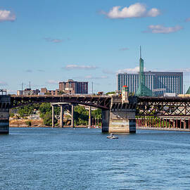 Oregon, Portland, Morrison Bridge Over Willamette River, Glass Towers Of Convention Center. by Maria Consorti