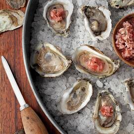 Oysters In Shells On A Bed Of Salt With Lemon Wedges And A Mignonette Sauce by Katharine Pollak