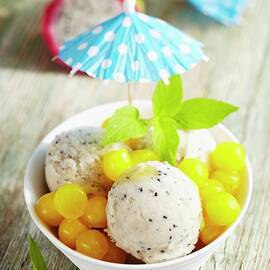 Pitahaya Sorbet With A Yellow Melon Salad by Teubner Foodfoto