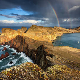 Portugal, Madeira, Madeira Island, Atlantic Ocean, View Over The Ponta De Sao Lourenco Peninsula At Sunset With A Rainbow On The Horizon, Canical by Michael Breitung