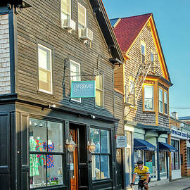 Rhode Island, Newport, Storefront, And Biker On Thames Street by Lumiere
