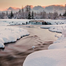 River Covered With Snow At Winter by IngAlfur Bjargmundsson