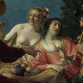 Shepherd Playing The Flute,and Four Shepherdesses by Gerard Van Honthorst