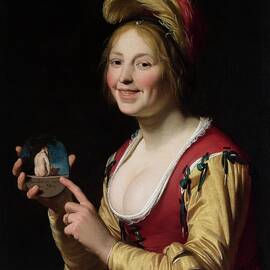 Smiling Girl, A Courtesan, Holding An Obscene Image by Gerard Van Honthorst