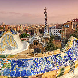 Spain, Catalonia, Mediterranean Sea, Barcelona District, Iberian Peninsula, Barcelona, Parc Guell, Park Guell & City Skyline Behind At Sunset by Stefano Politi Markovina