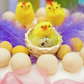Still Life Arrangement Of Easter Simnel Cake With Pink Chiffon Ribbon And Yellow Chicks With Spring Tulips by Burgess, Linda