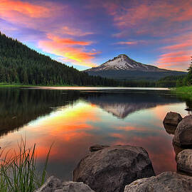 Sunset At Trillium Lake With Mount Hood by David Gn Photography