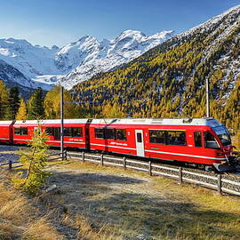Switzerland, Grisons, Engadin, Pontresina, Swiss Alps, Bernina Express, Rhaetian Railway At The Bernina Pass, Val Morteratsch Valley & Bernina Group Of Mountains, Morteratsch Glacier by Reinhard Schmid