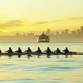Team Rowing Boat In Bay by Pete Saloutos