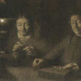 The Mother And Wife Of The Artist Sewing By Lamplight by Albert Lebourg