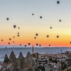 Turkey, Central Anatolia, Goreme, Cappadocia, Hot Air Balloons At Dawn Over Goreme National Park, Cappadocia by Chantal Reed