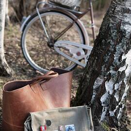 Two Bags On Fur Blanket Next To Birch Trunk In Woods; Basket On Bicycle In Background by Annette Nordstrom